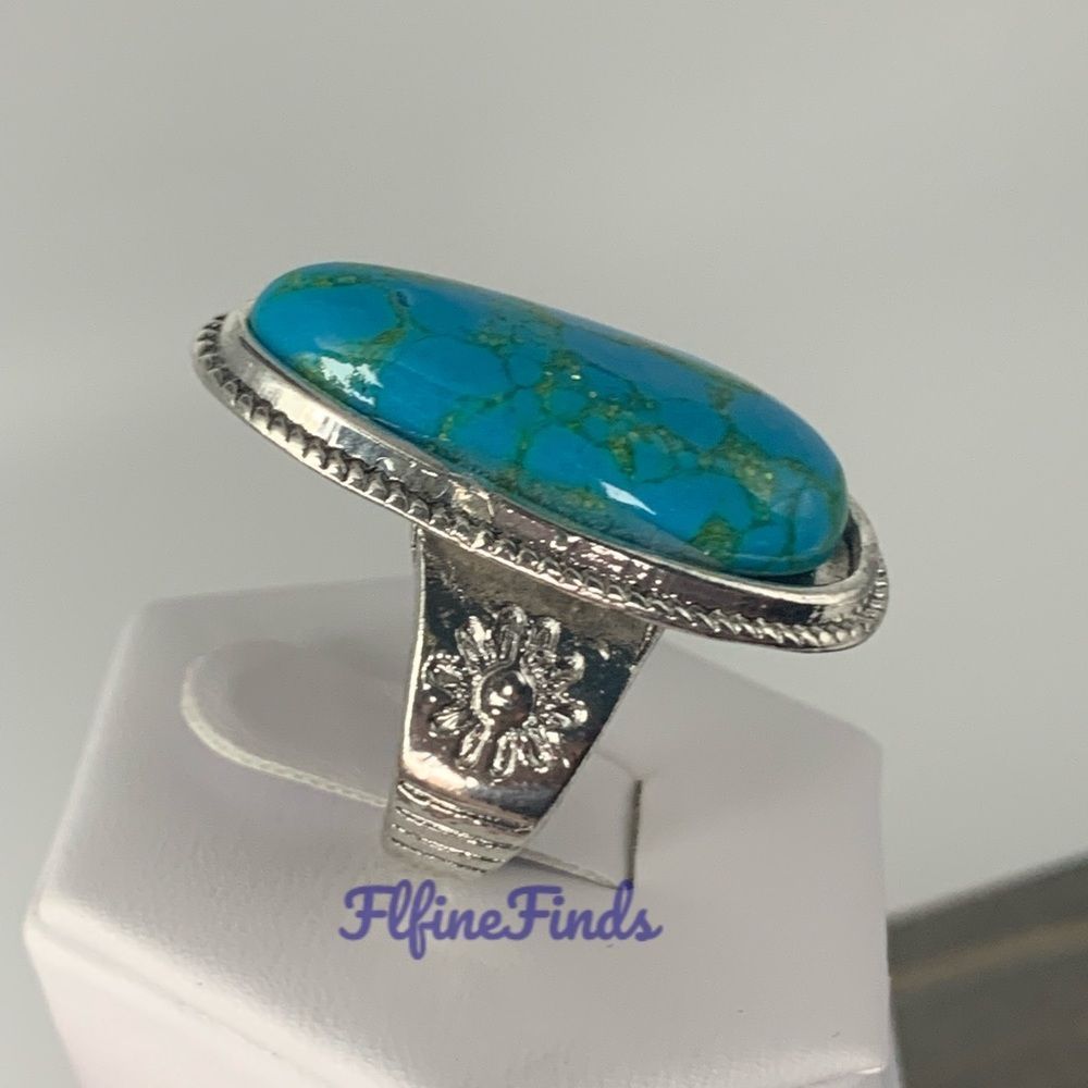 🌞925 Sterling Tibetan Silver Marquis cut Created Turquoise Cabochon Stone Ring - Picture 10 of 16